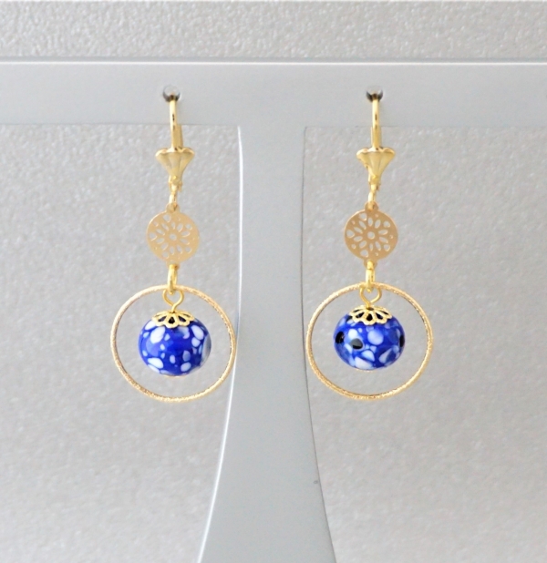 Boucles d'Oreilles Art Nouveau Clous Petite Fleur Doré Email Violet