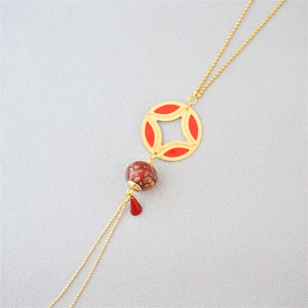 Collier Sautoir Vintage LANVIN - Bijou Ancien Doré Et Rouge - Paris France - Occasion