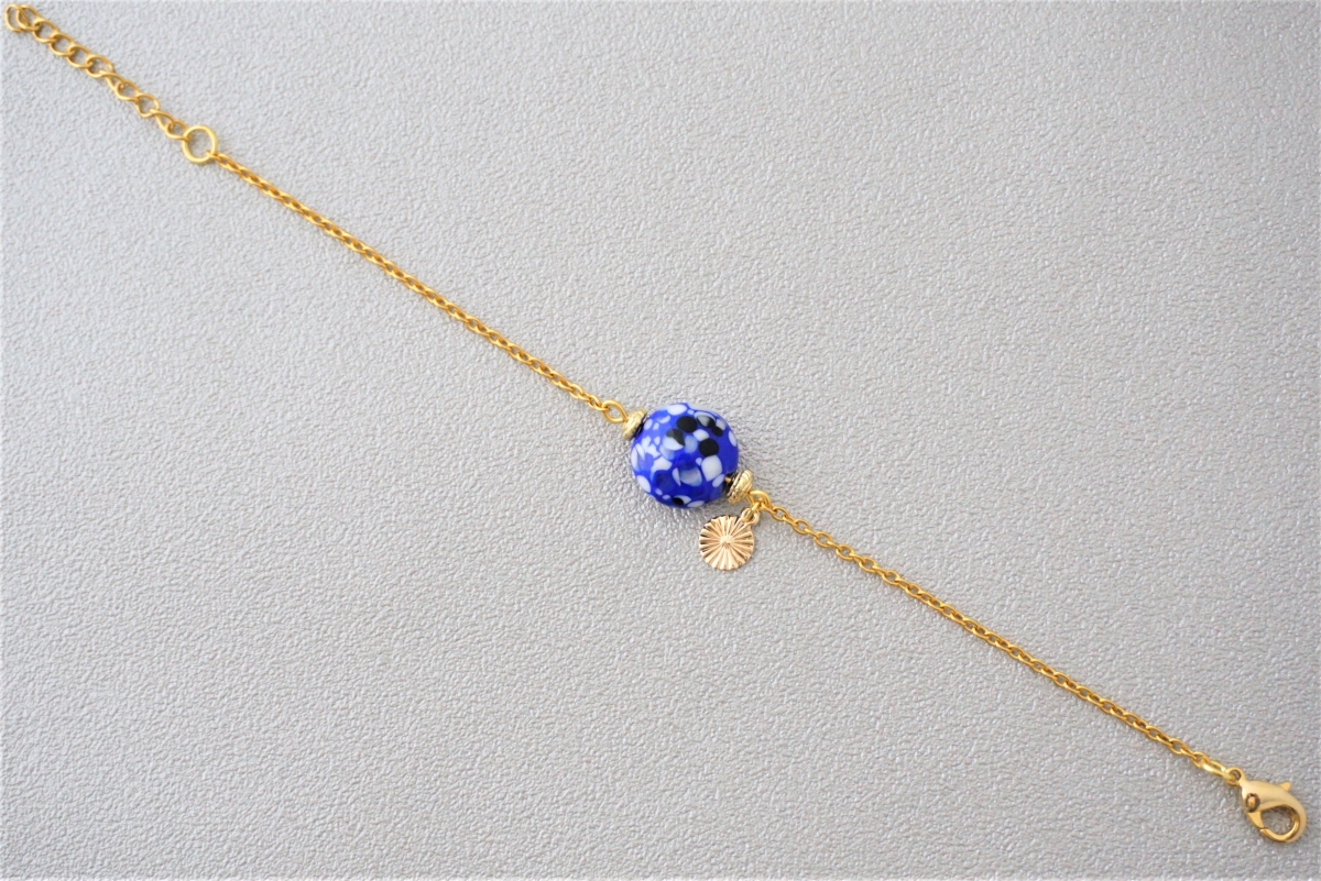 Bracelet En Perles De Verre Bleu Marine - Plaqué Argent 925 - Neuf Avec Étiquettes